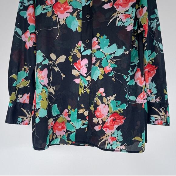 Vintage 1970's ROAMANS dark floral polyester dagger collar long sleeve blouse M - Picture 4 of 8
